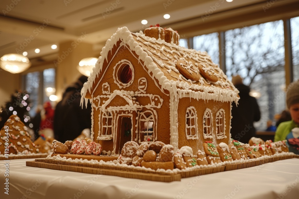 A hotel lobby hosting a gingerbread house decorating contest. Families are gathered around, creating and displaying, Generative AI A hotel lobby hosting a gingerbread house decorating contest. Families are gathered around, creating and displaying, Generative AI