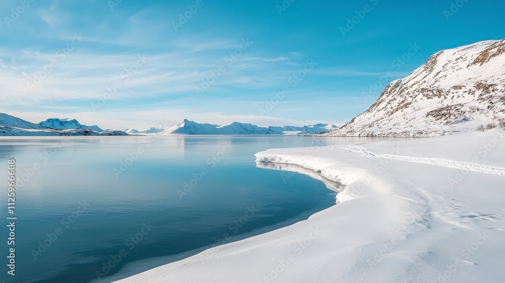 A serene winter landscape featuring a calm, icy shoreline and snow-covered mountains under a clear blue sky. A serene winter landscape featuring a calm, icy shoreline and snow-covered mountains under a clear blue sky.