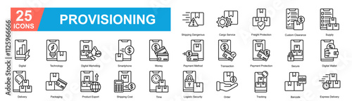 Provisioning Icon Sheet Digital, Technology, Digital Marketing, Smartphone, Money, Payment Method, Transaction, Payment Protection, Secure, Digital Wallet, Delivery, Packaging
