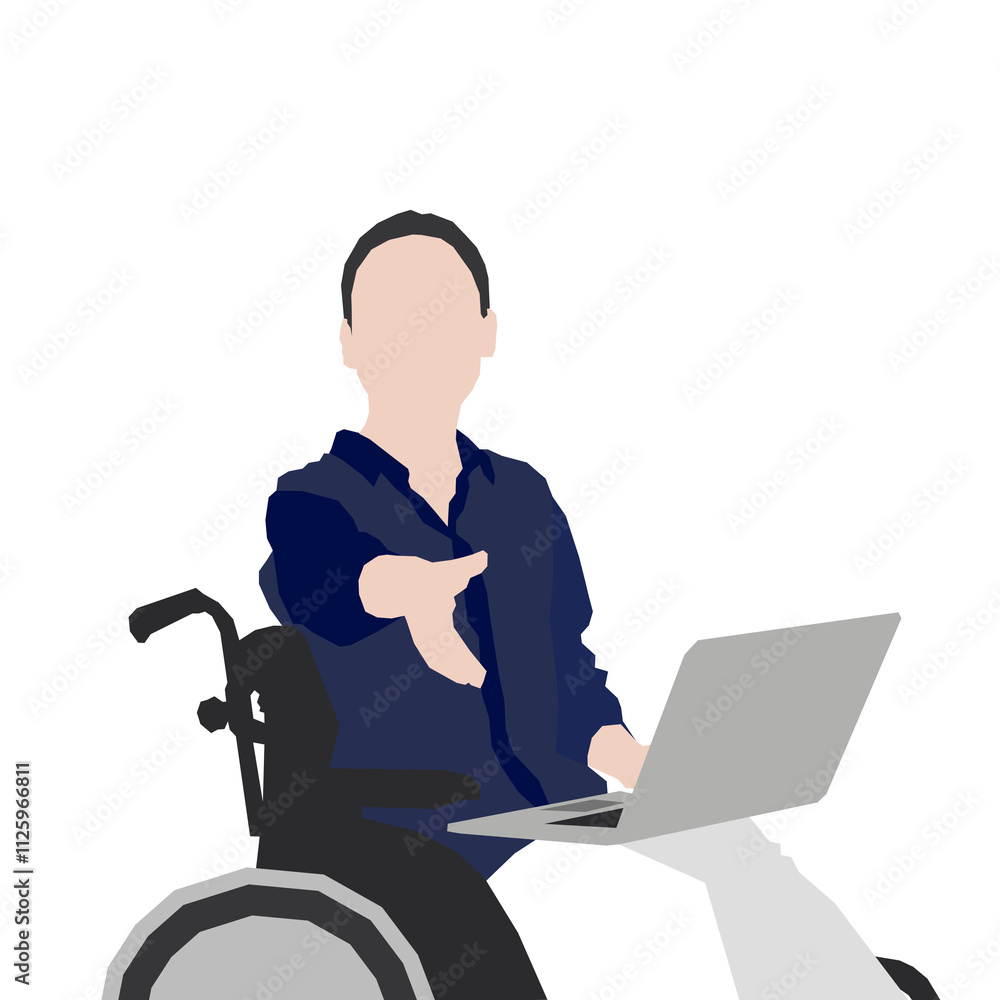 Female worker working with laptop in wheelchair tries to shake hands Female worker working with laptop in wheelchair tries to shake hands