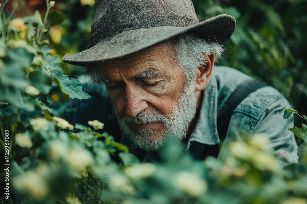 Elderly man tending his garden, deeply focused on his plants. Perfect for themes of gardening, age, nature, and peaceful retirement. Elderly man tending his garden, deeply focused on his plants. Perfect for themes of gardening, age, nature, and peaceful retirement.
