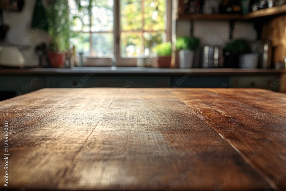 Rustic wooden table in a kitchen setting. Perfect for showcasing products or food. Rustic wooden table in a kitchen setting. Perfect for showcasing products or food.