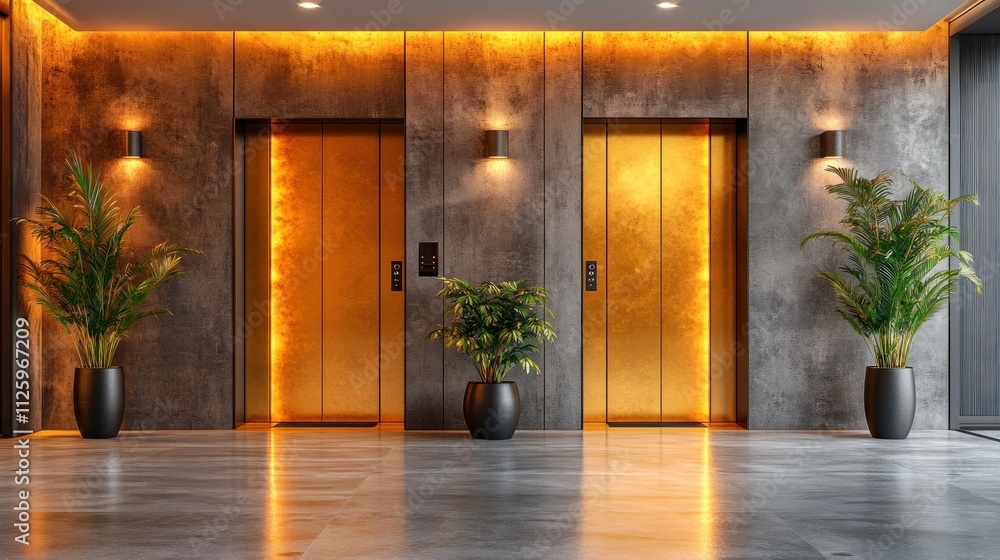 Modern lobby with gold elevators and plants. Modern lobby with gold elevators and plants.