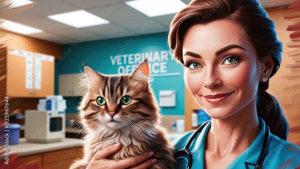 Veterinarian holding a happy cat in animal clinic during daytime Veterinarian holding a happy cat in animal clinic during daytime