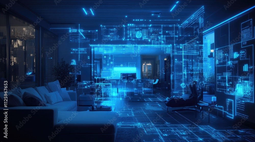 Smart home concept with an interior illuminated by blue digital holograms and lines, showcasing a house powered by circuits and advanced tech. Smart home concept with an interior illuminated by blue digital holograms and lines, showcasing a house powered by circuits and advanced tech.