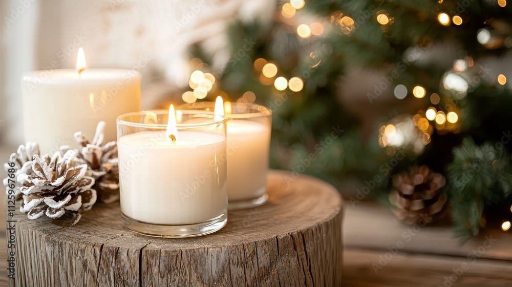 Cozy holiday scene featuring lit candles on a wooden stump, with pinecones and a softly lit Christmas tree in the background. Cozy holiday scene featuring lit candles on a wooden stump, with pinecones and a softly lit Christmas tree in the background.