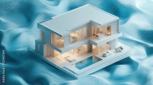 architectural plan of a 3-room house on blue-white paper seen diagonally. 3D render. high quality photo,