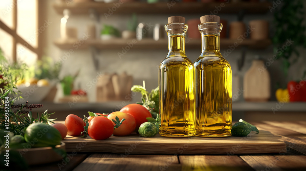 Fresh vegetables with olive oil bottles on a wooden table in a sunlit kitchen Fresh vegetables with olive oil bottles on a wooden table in a sunlit kitchen