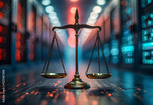 Law scales on background of data center. Digital law concept of duality of Judiciary, Jurisprudence and Justice and data in the modern world.
