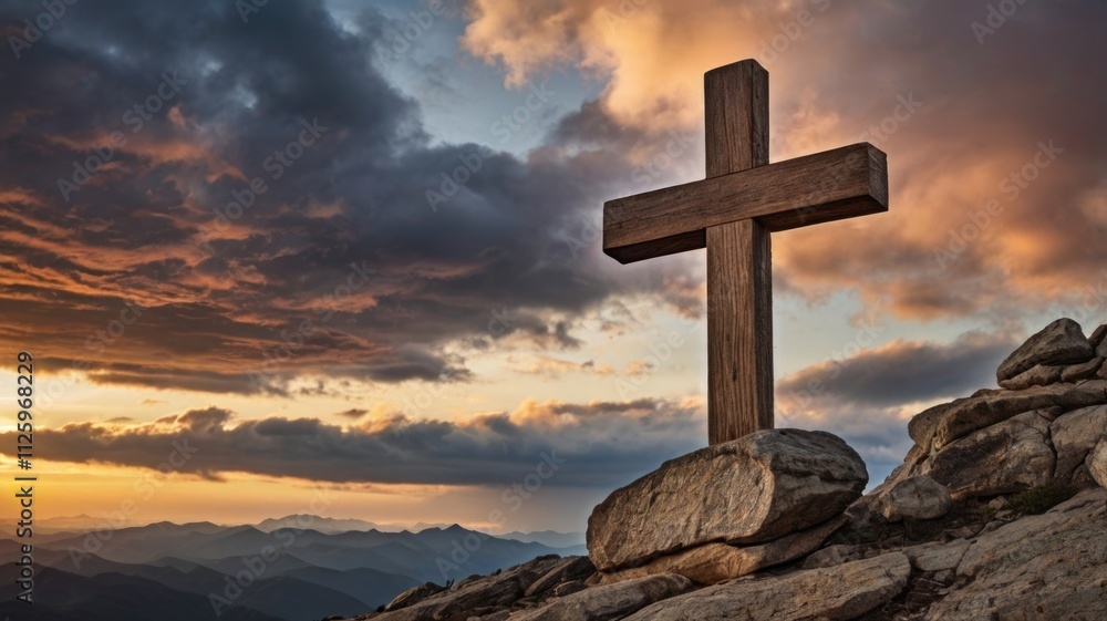 A magnificent stone cross stands atop a rocky mountain, bathed in golden sunlight as the sun sets over distant peaks and valleys, creating a serene and breathtaking landscape A magnificent stone cross stands atop a rocky mountain, bathed in golden sunlight as the sun sets over distant peaks and valleys, creating a serene and breathtaking landscape