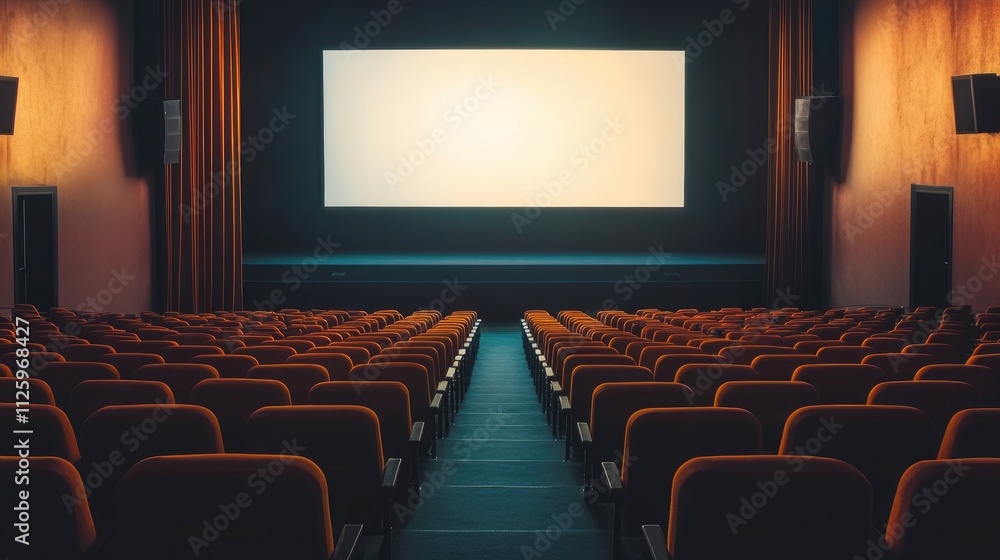 Obraz premium Wide shot of a spacious auditorium with rows of empty seats and a large screen, ideal for presentations.
