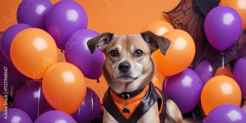 Close-up of a dog in a spooky Halloween costume on bright orange and violet balloons. Bright background on Halloween. photo