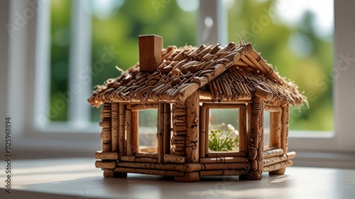 A handcrafted wooden dollhouse sits on a windowsill bathed in natural sunlight, surrounded by greenery and a decorative egg