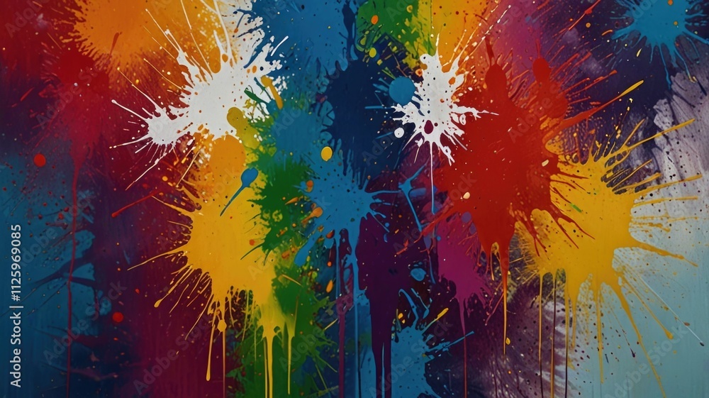 A vibrant display of colorful paint splashes on a textured surface creating an energetic art piece A vibrant display of colorful paint splashes on a textured surface creating an energetic art piece