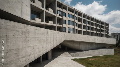 Modern Concrete Gray Building Structure with Open View. Minimalistic Urban Architecture City