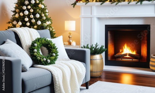 A cozy living room decorated for the holiday season with a warm fireplace and Christmas tree