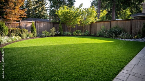 100.An angled view of a private house backyard  showcasing a vibrant  freshly cut lawn with rich green grass. The grass appears dense and healthy  with each blade neatly trimmed to create a smooth 