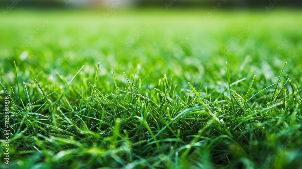 Fototapeta premium 70.A well-maintained backyard with freshly cut grass, the lawn appearing dense and vibrant with a rich green hue. The even, soft texture of the grass highlights the care given to the garden, making