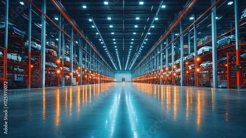 Modern warehouse interior with rows of parked cars.