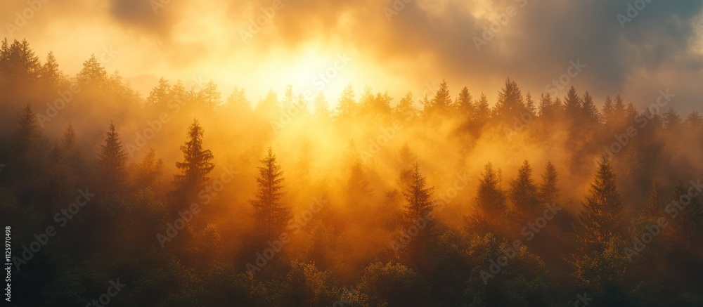 Naklejka premium Golden sunrise through a misty forest with sunlight illuminating the trees.