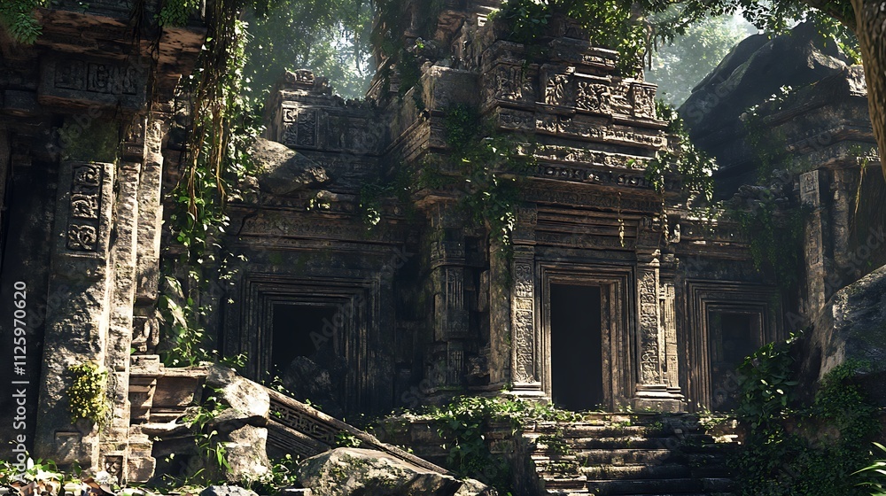 Ancient temple ruins overgrown with vegetation, showcasing intricate stone carvings. Ancient temple ruins overgrown with vegetation, showcasing intricate stone carvings.