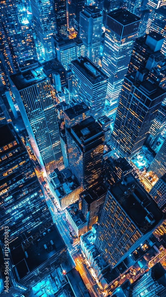 Stunning Aerial View of a Bustling Urban Skyline at Night Featuring Vibrant City Lights