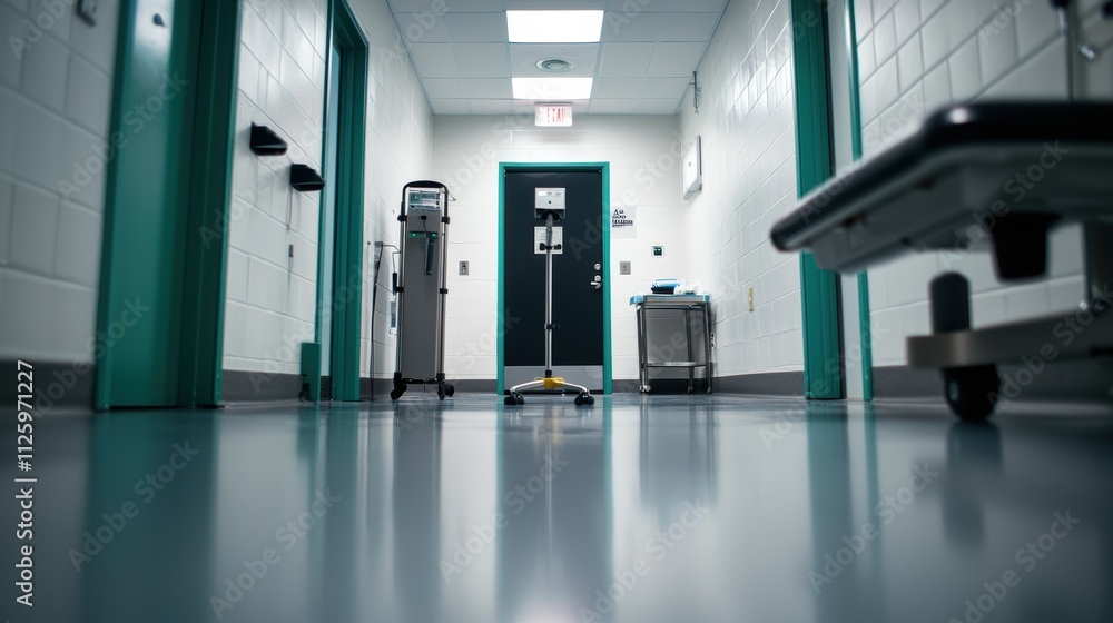 A health check-up room with scales, a height measurement tool, and diagnostic equipment neatly arranged A health check-up room with scales, a height measurement tool, and diagnostic equipment neatly arranged
