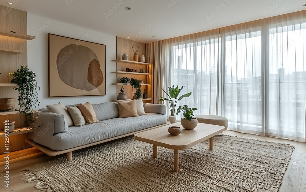 Bright, modern living room with minimalist decor, neutral colors, and large windows. Bright, modern living room with minimalist decor, neutral colors, and large windows.