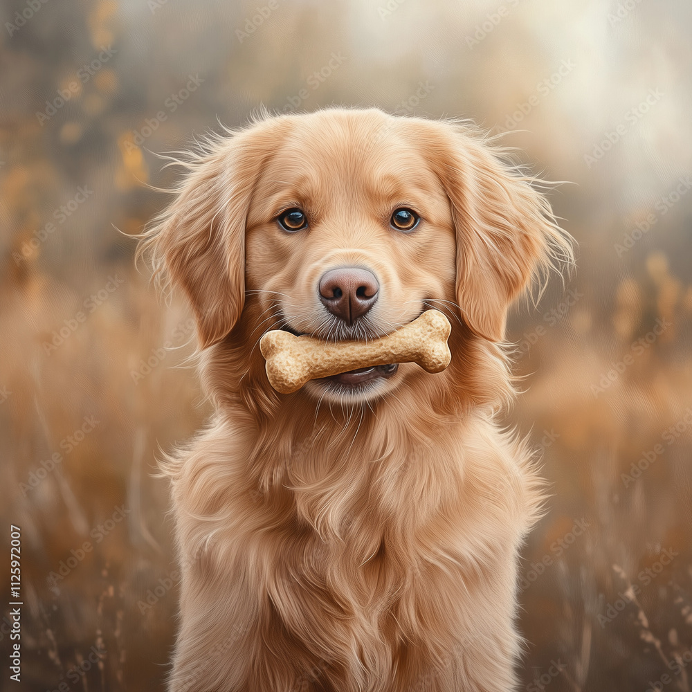 Obraz premium A close-up of a golden retriever holding a bone in its mouth, soft natural light emphasizing the textures of the bone and the dog’s fur, blurred park background for depth, playful and cheerful mood