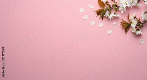 Cherry tree blossom. April floral nature and spring sakura blossom on soft pink background. Banner for 8 march, Happy Easter with place for text. Springtime concept. Top view. Flat lay