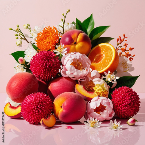 ripe red lychee fruits, juicy peaches, invigorating bergamot. Surrounding them are a lots of luxurious peonies, a lots of orange blossoms, a lots of jasmine, and petalia, on light pink background