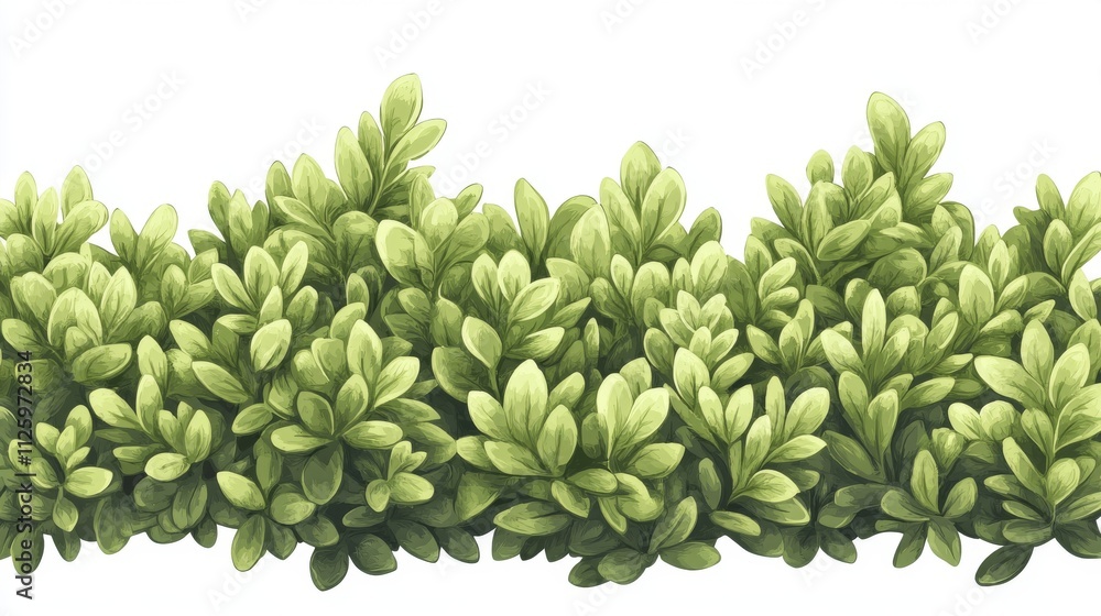 Fototapeta premium 95.A realistic illustration of a flower bed composed of green bushes, arranged closely in a decorative form. The bushes are rich in texture and color, with leaves in layered shades of green, creating