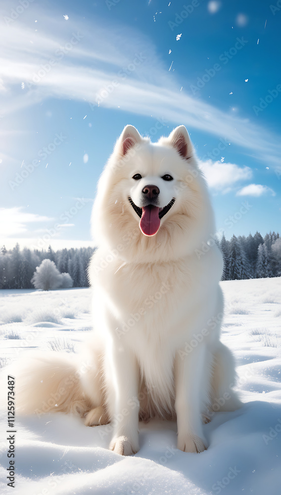 A fluffy Samoyed sitting in a snowy meadow, its pristine white coat blending with the snow, and its tongue out in a playful grin under a bright blue sky.
A fluffy Samoyed sitting in a snowy meadow, its pristine white coat blending with the snow, and its tongue out in a playful grin under a bright blue sky.