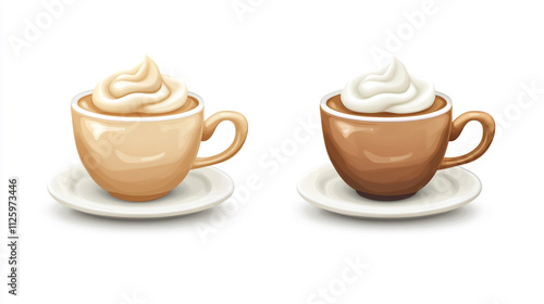 Coffee cups with whipped cream toppings on saucers in a minimalist style