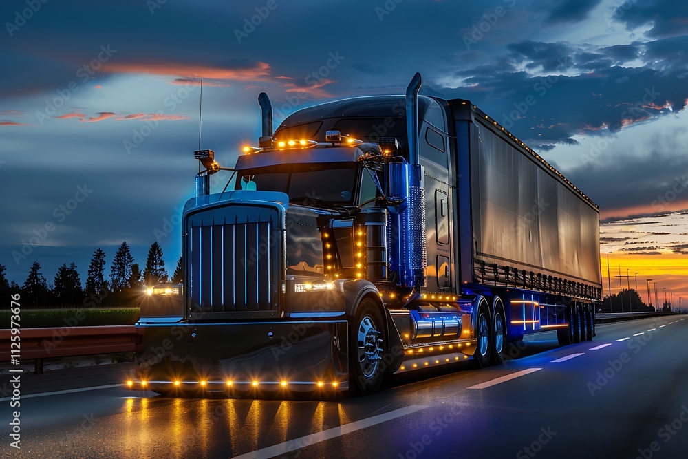 Semi trailer truck on the road at night with motion blur Semi trailer truck on the road at night with motion blur