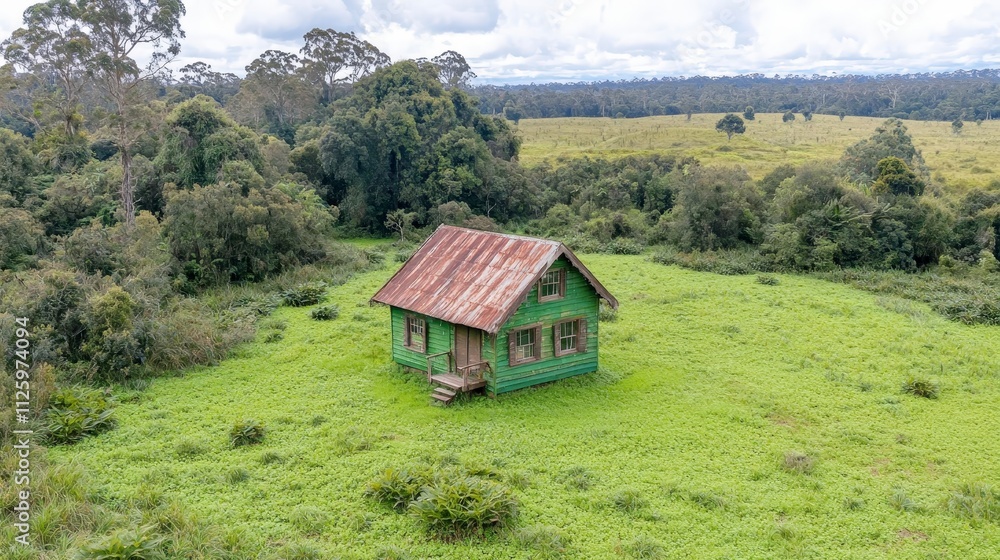 Secluded Green House in Lush Tropical Meadow Landscape Secluded Green House in Lush Tropical Meadow Landscape
