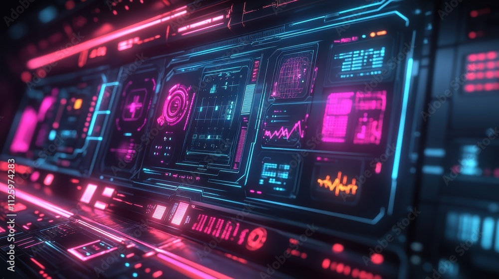 Futuristic control panel with vibrant neon displays and data visualizations.