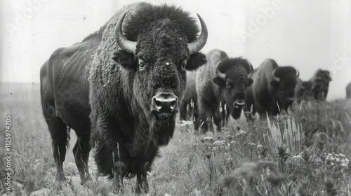 A herd of bison, one in the foreground, in a black and white photograph.