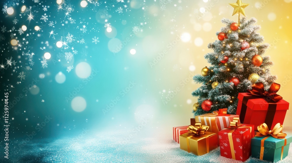 Christmas background with gifts and Christmas tree on blue-gold fuzzy background Christmas background with gifts and Christmas tree on blue-gold fuzzy background