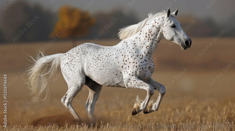 A white horse with brown spots runs across a field. A white horse with brown spots runs across a field.