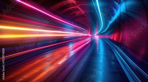 Abstract light trails in a tunnel, vibrant colors, speed and movement.