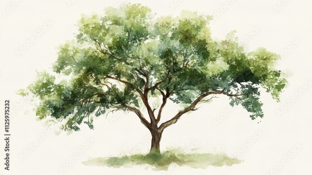 Obraz premium 18.A side-view watercolor of a tree with a thick, leafy canopy in shades of green and soft brown branches. The brushstrokes capture the organic, flowing form of the leaves and branches, creating a