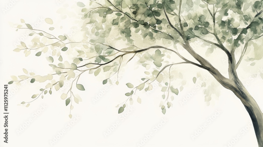 18.A side-view watercolor of a tree with a thick, leafy canopy in shades of green and soft brown branches. The brushstrokes capture the organic, flowing form of the leaves and branches, creating a 18.A side-view watercolor of a tree with a thick, leafy canopy in shades of green and soft brown branches. The brushstrokes capture the organic, flowing form of the leaves and branches, creating a
