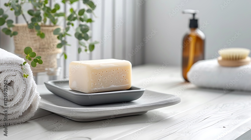 Set of soap bars and towels on wooden table in bathroom, closeup Set of soap bars and towels on wooden table in bathroom, closeup