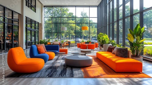 Bright and Open Office Interior with High Ceilings and Vibrant Colors