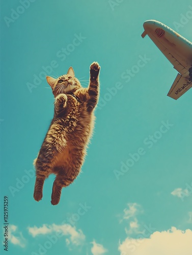 A playful cat leaps joyfully in the sky, showcasing its agility and spirit against a bright blue background. photo