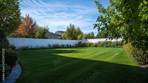98.A wide view of a private backyard, featuring a perfectly manicured lawn with freshly cut grass. The green blades are crisp and uniform, displaying a deep green color with subtle shading. The