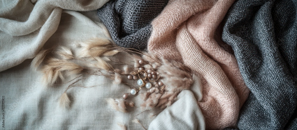 Cozy autumn scene with soft blankets, dried flowers, and pearls. Cozy autumn scene with soft blankets, dried flowers, and pearls.