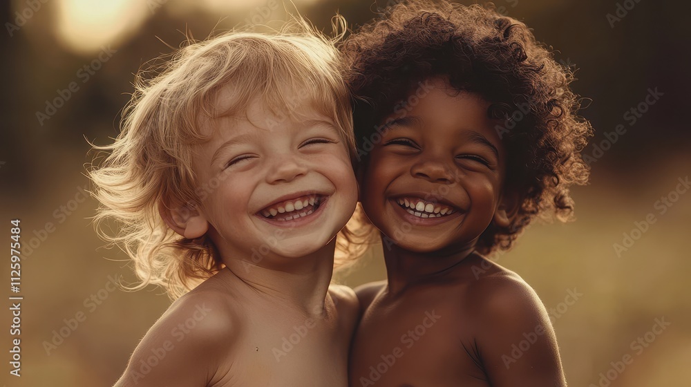 Two toddlers, one light-skinned and one dark-skinned, embrace and laugh joyfully outdoors. Ideal for themes of friendship, diversity, and childhood joy.