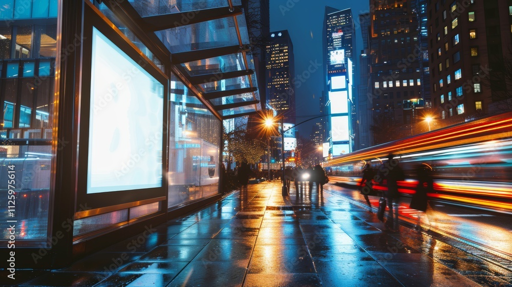 Create a nighttime urban scene with a close-up view of a modern bus stop as the main focus, The central element is a brightly lit Create a nighttime urban scene with a close-up view of a modern bus stop as the main focus, The central element is a brightly lit